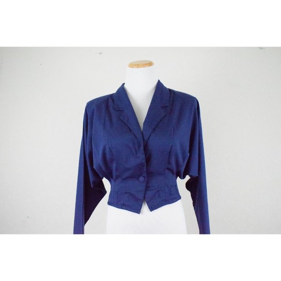 Vintage 80s Poly/Rayon Royal Blue Crop Blouse/Jacket | size Medium - Picture 2 of 10